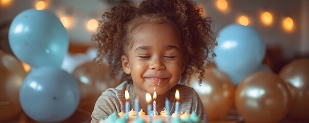 A child blowing out birthday candles with a big smile and eyes closed, surrounded by a cake and balloons against a plain white backdrop.