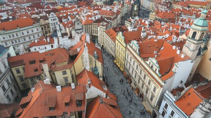 View from the top of the Astronomical Clock Tower showing the red rooftops of Prague's Old Town.