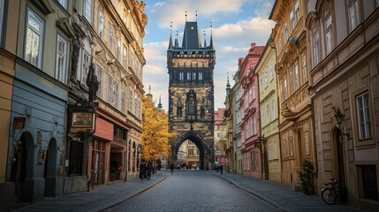 Fototapeta premium View of the Powder Tower, one of Prague's original city gates, with surrounding historic architecture.