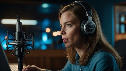 Female podcaster speaking into a professional microphone with headphones on.
