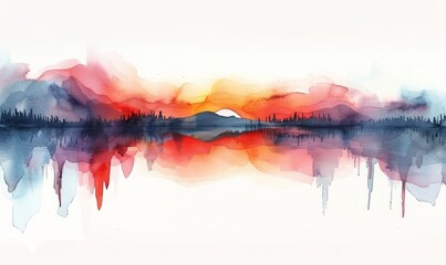 Watercolor abstract twilight reflections on white.