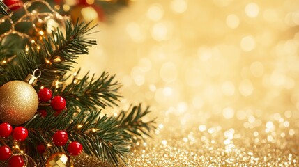 Obraz premium A festive arrangement featuring Christmas decorations, including ornaments and greenery, set against a shimmering golden background.