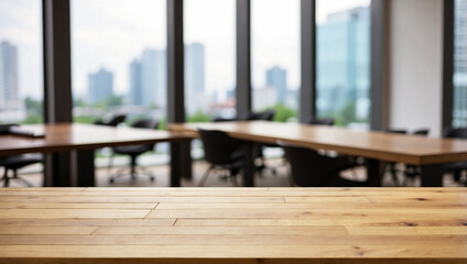 The empty wooden table top with blur background of office building. For product display