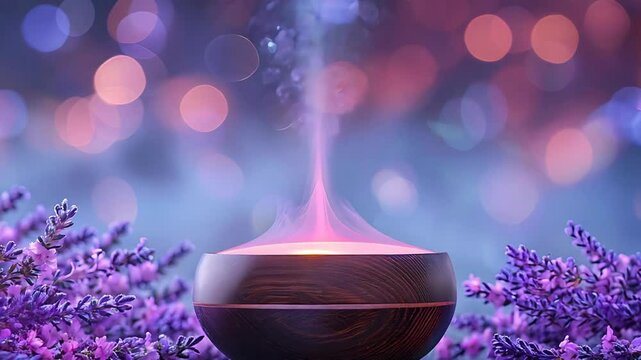 An aroma diffuser with lavender on a wooden table with a blurred background.