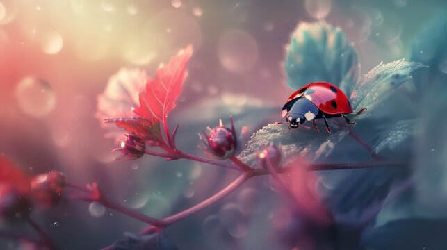 A red ladybug perched on a leaf with dew drops in a blurred background.