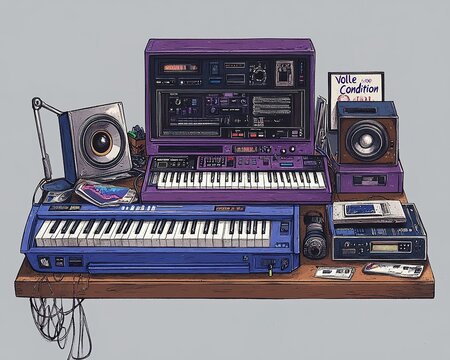 1980s purple and blue hip hop MPC drum machine with boombox and piano keyboard
