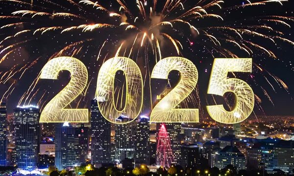 Tło z okazji Nowego Roku 2025 przedstawia fantazyjne efekty świetlne i migoczące gwiazdy. Napisy &bdquo;2025&rdquo; w eleganckiej czcionce są otoczone subtelnym blaskiem.