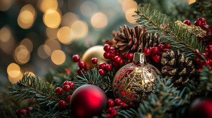 Obraz premium A red and gold ornament sits on a tree branch