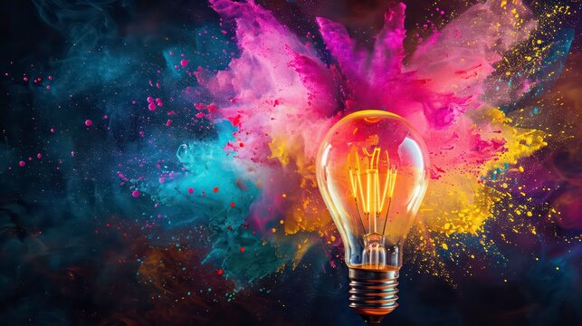 A light bulb with a golden base glows brightly, surrounded by a vibrant explosion of colorful smoke and particles against a black background.