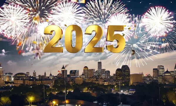 Kolorowe tło z okazji Nowego Roku 2025, ozdobione złotymi i srebrnymi konfetti oraz fajerwerkami. W centralnej części widnieje elegancki napis &bdquo;2025&rdquo;