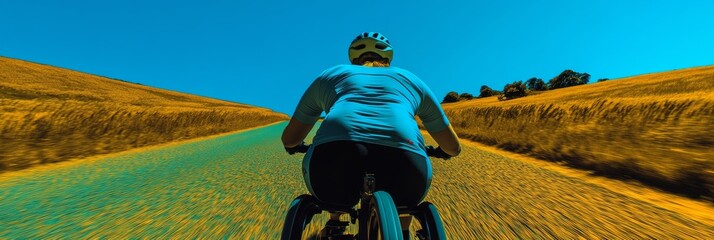 Adaptive Female Cyclist Racing on Open Road with Handcycle, Surrounded by Vibrant Fields Under Clear Blue Sky
