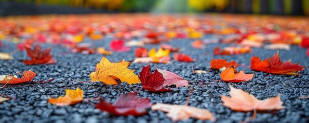 Autumn leaves on a gravel driveway
