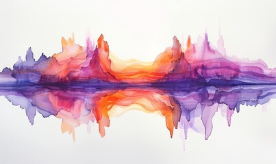 A painting of a mountain range with a sunset in the background. The colors are vibrant and the brushstrokes are bold. The mood of the painting is serene and peaceful