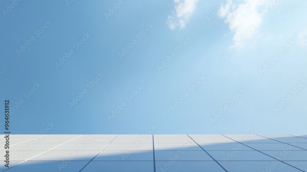 Poster minimalistic pastel blue sky with soft light beams over smooth glass surface - tranquil and serene c