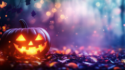 A pumpkin with a smiley face on it is sitting on the ground