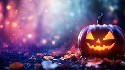 A pumpkin with a smiley face on it is sitting on the ground