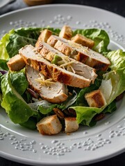 Grilled Chicken Caesar Salad with lettuce, Parmesan, and croutons on a white plate.