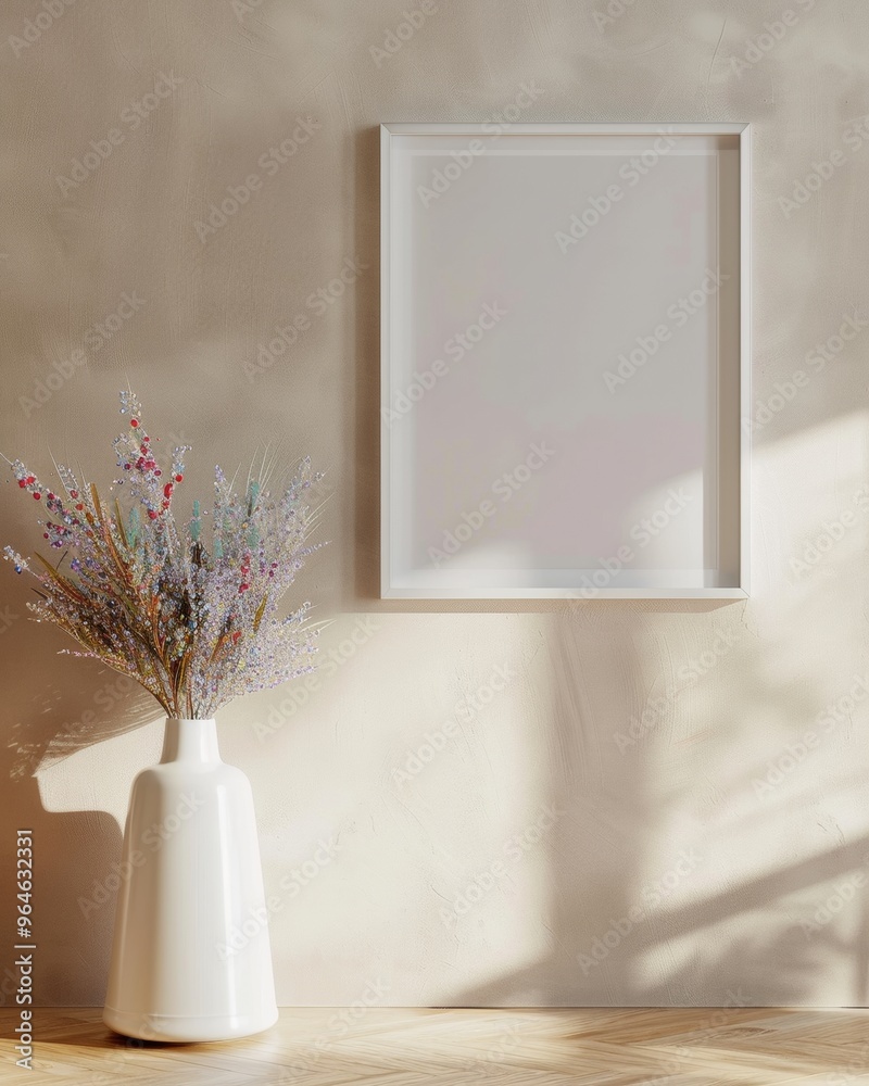 Poster minimalist modern indoor setting with blank vertical frame and soft pastel tones