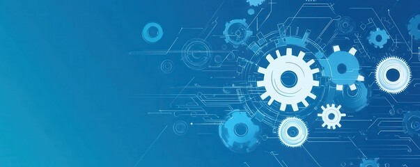 Blue background with technical gears and mechanical elements representing technology and innovation in a futuristic digital design