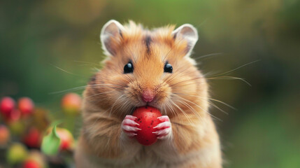 Obraz premium Medium close-up of a hamster stuffing its cheeks with food, its tiny face puffed up and comically full.