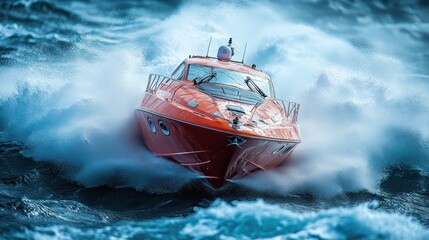 Naklejka premium Speedboat Cutting Through Rough Seas
