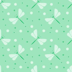Vector illustration. Dragonfly cartoon seamless pattern on colorful background.