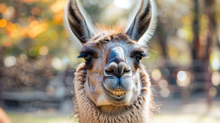 Obraz premium Medium close-up of a llama with a goofy grin, showing its teeth in a funny and endearing way.
