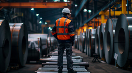 Fototapeta premium A man in a safety vest stands in front of a large stack of metal. Concept of caution and responsibility, as the man is wearing a hard hat and safety gear