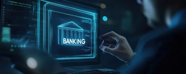 Fototapeta premium Businessman using computer with digital banking interface in modern office at night