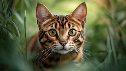 A close-up of a Bengal cat peering through lush green grass.