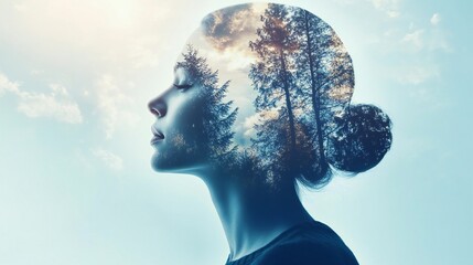 Double exposure of woman's head with forest silhouette, symbolizing nature and self-connection