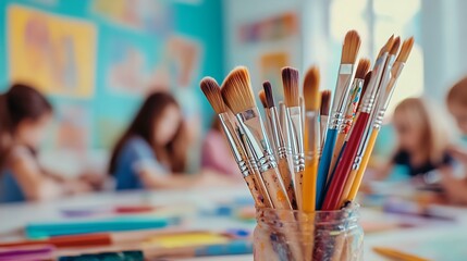 Fototapeta premium Art studio with children drawing, paintbrushes on table, shallow depth of field