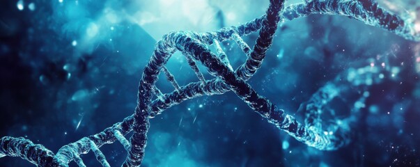 Abstract depiction of futuristic DNA helix structure in a glowing blue environment representing science and biotechnology
