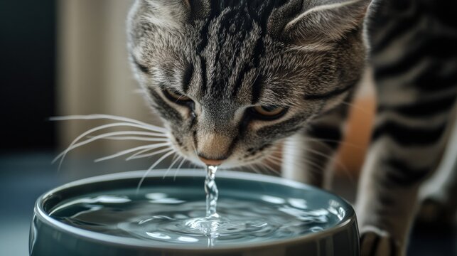 A close-up of a cat drinking water from a bowl.