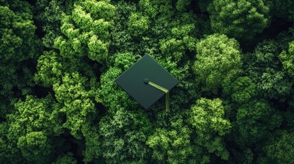 Naklejka premium graduation cap merges into a vibrant green forest,