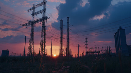 Fototapeta premium Silhouettes of Power Lines at Sunset