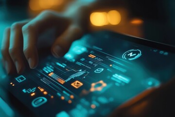 Digital graphics of financial security with a hand interacting with a futuristic touchscreen interface displaying dynamic data analysis and information