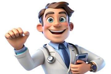 Cheerful 3d cartoon doctor holding smartphone