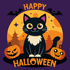 Halloween cat with happy halloween typography t-shirt design 