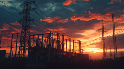Power Lines at Sunset: Industrial Landscape