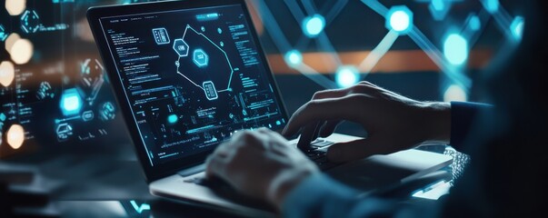 Person using a laptop in a digital environment with data analysis interfaces and network connections visualized on the screen