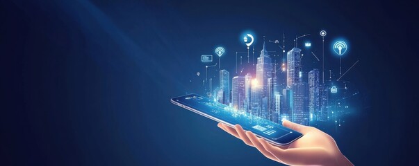 Hand holding smartphone with digital marketing illustration and holographic cityscape representing modern technology and connectivity