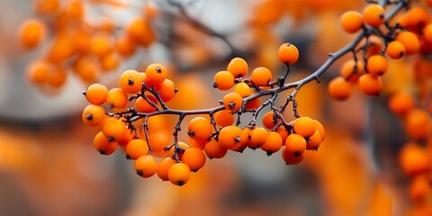 A closeup view of the bright orange ashberries with a sunlight streaming on them through the rowan leaves.