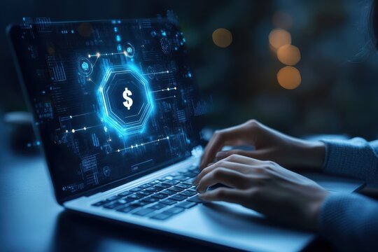 Digital finance concept with a business person using laptop showcasing dollar symbol in glowing interface