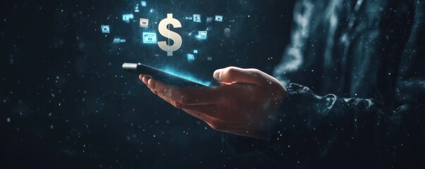 Businessman's hand using smartphone with digital currency symbols floating, representing modern technology and financial transactions.