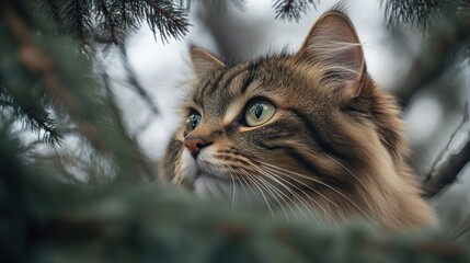 Obraz premium A close-up of a cat gazing through branches, showcasing its curiosity and beauty.