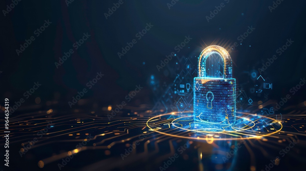 Poster digital padlock hovering over a circuit board with abstract glowing elements.