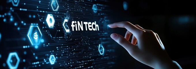 Hand interacting with fintech virtual interface displaying digital technology icons and network connections