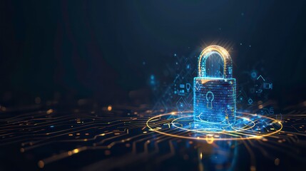 Digital padlock hovering over a circuit board with abstract glowing elements.