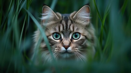 A close-up of a cat hidden among tall grass, showcasing its striking green eyes.